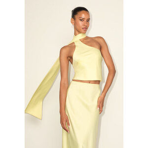 Lulus Marabella Light Yellow Satin One-shoulder Sash Top & Skirt Set